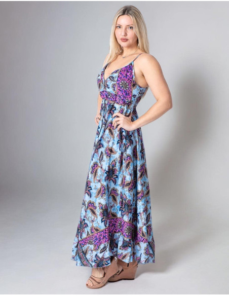 Hippie Style Long Dress with Light Blue Background Print