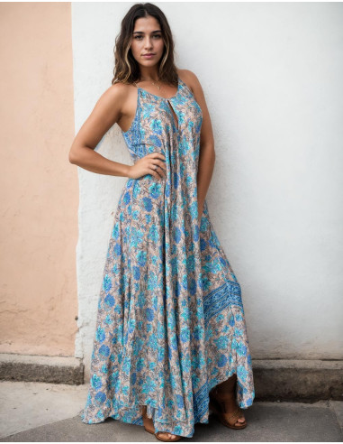 Robe longue et large en soie à fond gris et fleurs bleu clair