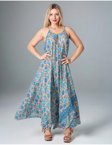 Robe longue et large en soie à fond gris et...