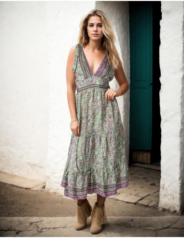 Vestido de verão com alças e laço de seda estampado