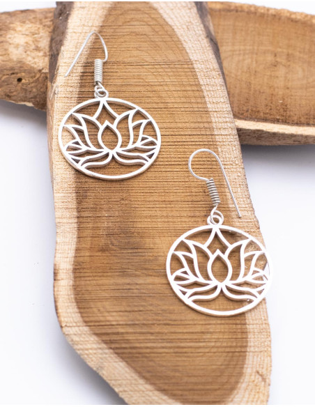 Round Earrings with Lotus Flower Carved in Handmade Brass