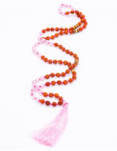 Japa Mala Quartz Rose et Rudraksha