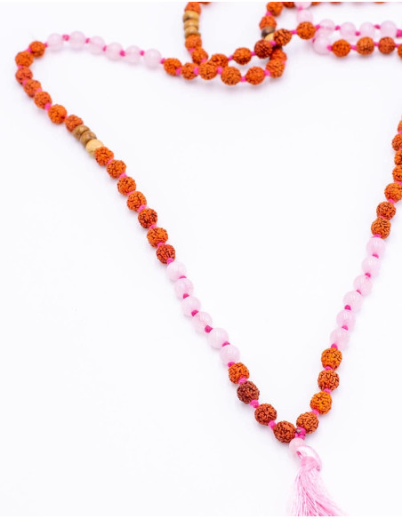 Japa Mala Quartz Rose et Rudraksha