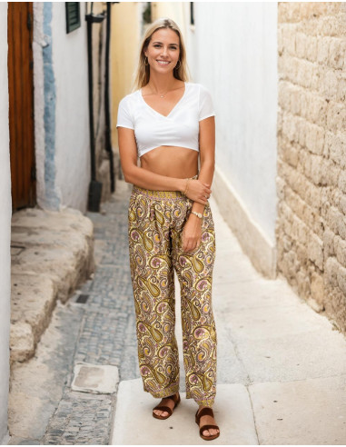 Pantalon droit en soie imprimé jaune à motif cachemire