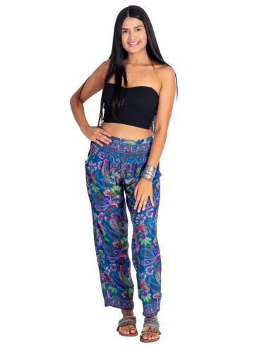 Calça reta de seda estampada em azul com...