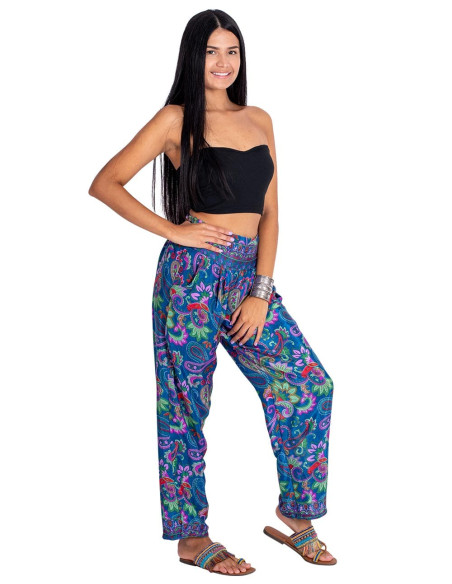 Pantaloni dritti in seta stampata blu con disegno floreale multicolore