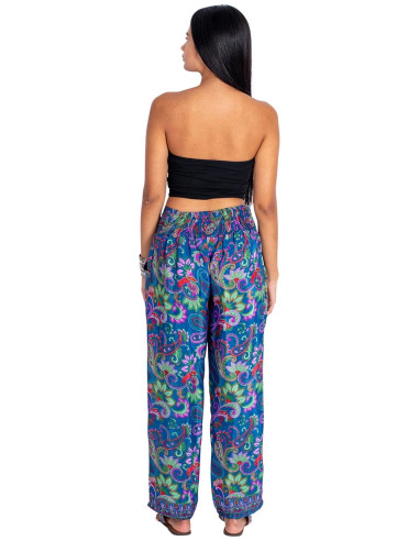 Pantalon droit en soie imprimé bleu à motif...