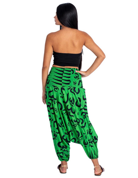 Green cotton Afghan pants with irregularly drawn Om symbols