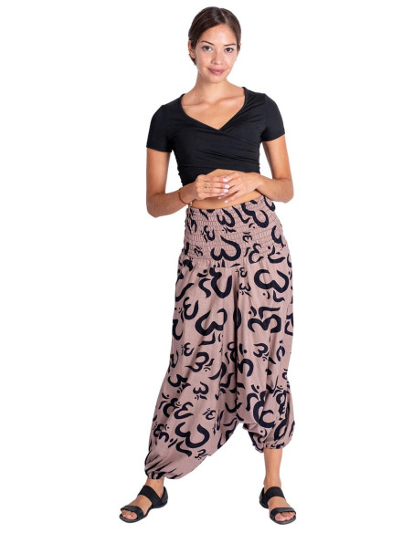Pantaloni afghani in cotone marrone con simboli Om neri disegnati irregolarmente