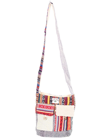 Hanf-Umhängetasche mit zwei Vordertaschen – Hippie- und funktionaler Stil
