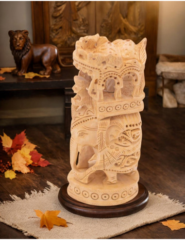 Statue d'éléphant sculptée en bois avec autel - Art ethnique de 6 pouces