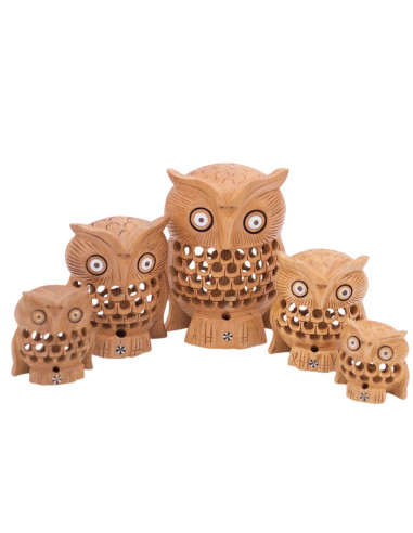 Conjunto de 5 Búhos Tallados en Madera -...