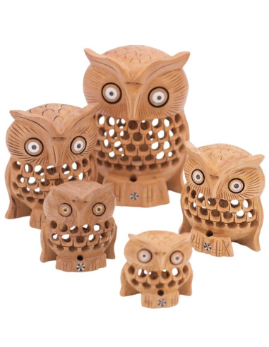 Ensemble de 5 hiboux sculptés en bois -...