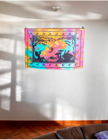 Tapeçaria de Passagem Multicolor com Flautista, Fadas e Cogumelos - Magia e Fantasia