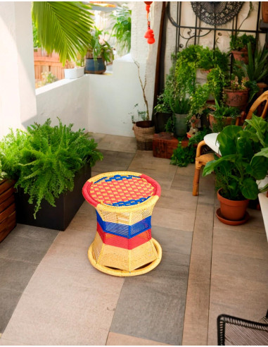 Taburete Metálico Artesanal de la India - Diseño Único con Cuerda de Nylon - 36x35 cm