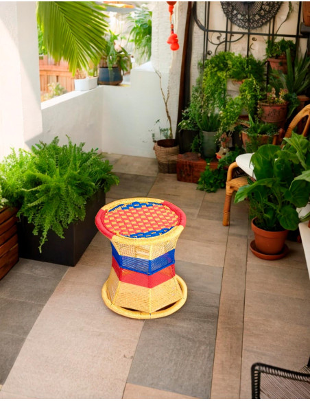 Tabouret en métal fabriqué à la main en Inde - Design unique avec corde en nylon - 36x35 cm