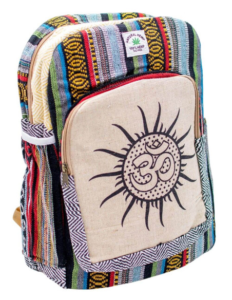 Ethnic Fashion: Kimago Hemp Backpack, Unisex, Unique Design with Hindu Symbolism