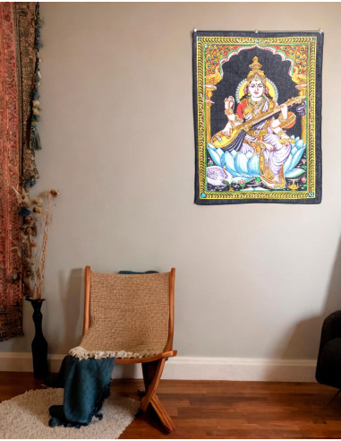 Tapisserie indienne artisanale Saraswati - Design exclusif avec paillettes scintillantes