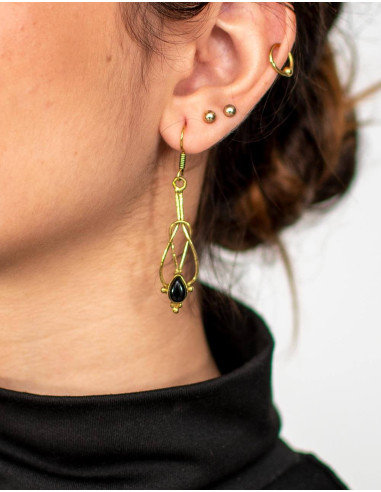 Handmade Elongated Earrings with Mineral Stone – Gold or Silver Plated Brass