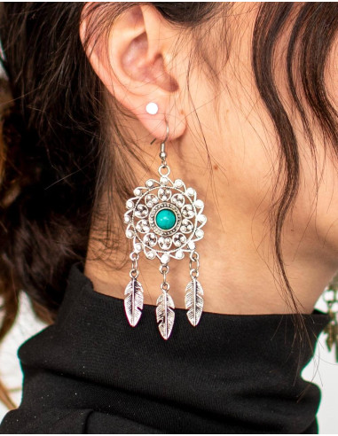 Boucles d'oreilles en laiton faites à la main avec pierre naturelle et feuilles pendantes