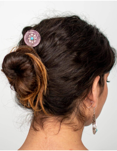 Fermaglio per capelli in ottone argentato con ornamento circolare e pietra naturale