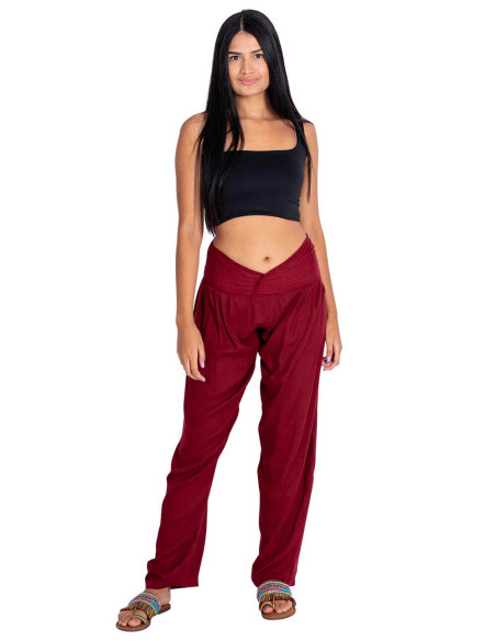 Burgundy straight-leg trousers with a V-shaped detail – Ethnic fashion with a handcrafted soul