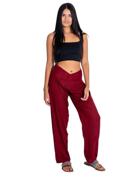 Burgundy straight-leg trousers with a V-shaped detail – Ethnic fashion with a handcrafted soul