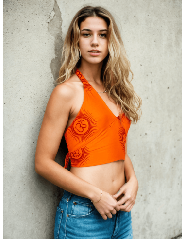 Top curto laranja com inscrições em sânscrito – artesanato indiano com alma