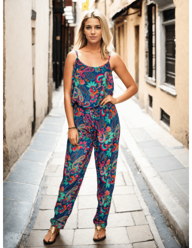 Blauer Seidenoverall mit mehrfarbigem Druck – indische handgefertigte Eleganz