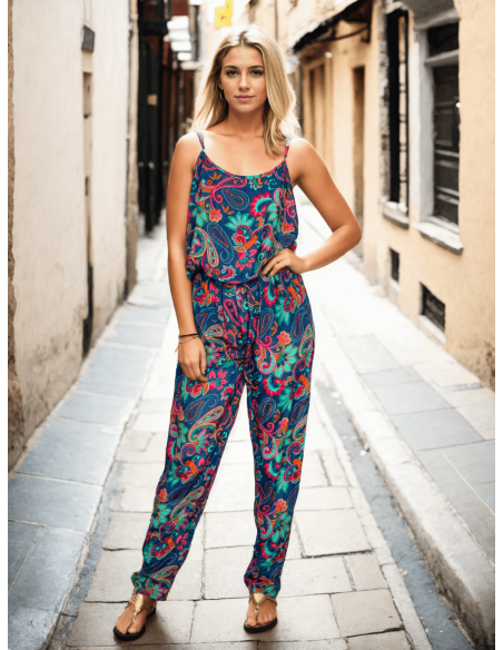 Tuta in seta blu con stampa multicolore – Eleganza artigianale indiana