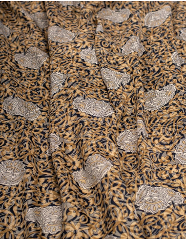 Long silk jumpsuit printed in ochre and brown...