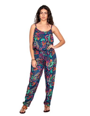 Tuta in seta blu con stampa multicolore –...
