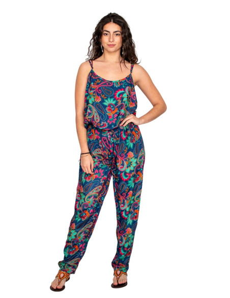 Tuta in seta blu con stampa multicolore – Eleganza artigianale indiana
