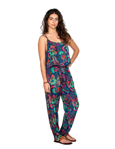 Blauer Seidenoverall mit mehrfarbigem Druck –...