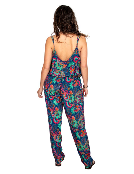 Macacão de seda azul com estampa multicolorida – Elegância indiana artesanal