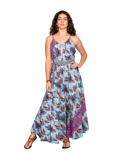 Langes hellblaues Seidenkleid mit Blumen –...