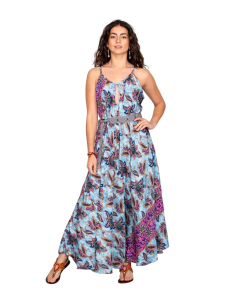 Langes hellblaues Seidenkleid mit Blumen – Boho-Design mit indischer Seele
