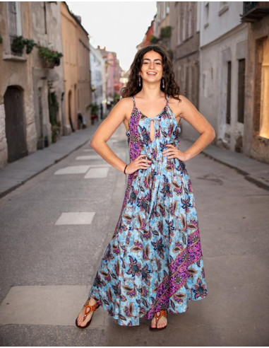 Long light blue silk dress with flowers – Boho...