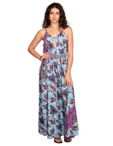Langes hellblaues Seidenkleid mit Blumen –...