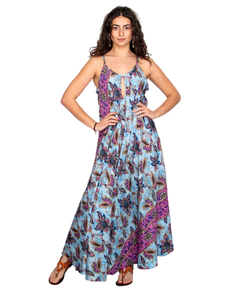 Robe longue en soie bleu clair à fleurs – Design bohème à l'âme indienne