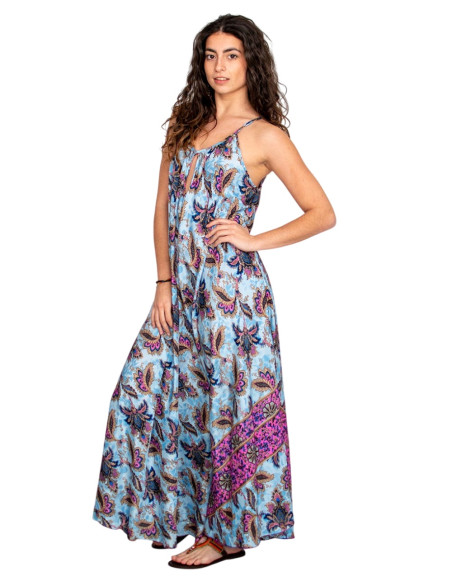 Long light blue silk dress with flowers – Boho design with an Indian soul