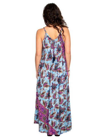 Vestido largo de seda celeste con flores –...
