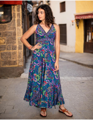Langes Seidenkleid mit bunten Blumen –...