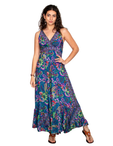 Vestido longo de seda com flores multicoloridas...
