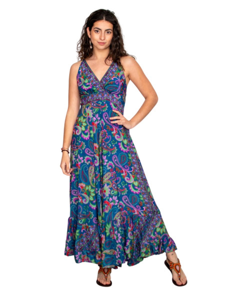 Long silk dress with multicolored flowers – Bohemian inspiration and Indian elegance