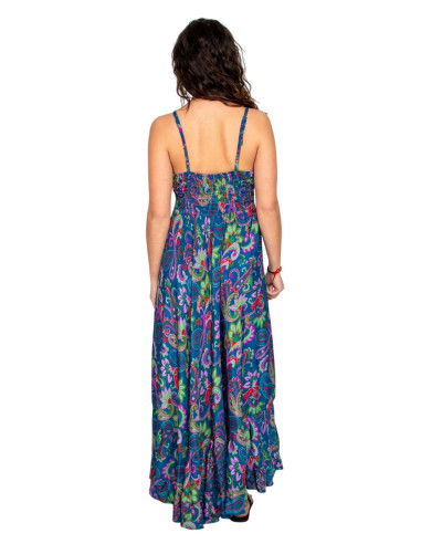 Vestido longo de seda com flores multicoloridas...