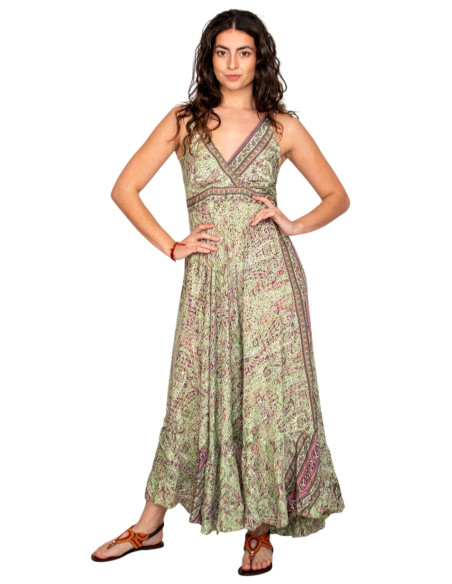 Long green silk dress with a V-neck – Boho elegance from India