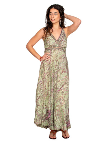 Abito lungo in seta verde con scollo a V –...