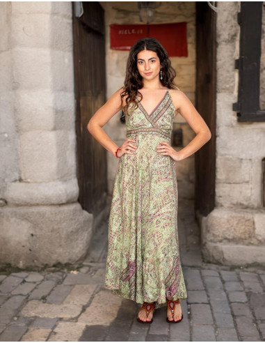 Long green silk dress with a V-neck – Boho...