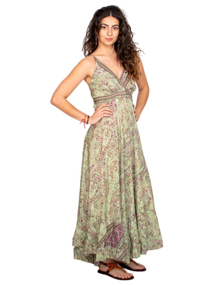 Robe longue en soie verte à col en V – L'élégance bohème venue d'Inde